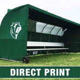 Custom MVP team shelter replacement cover with direct print logo on green sideline bench shelter on grass field