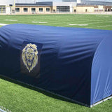 Custom MVP team shelter replacement cover in navy with team logo on outdoor athletic field sideline bench shelter