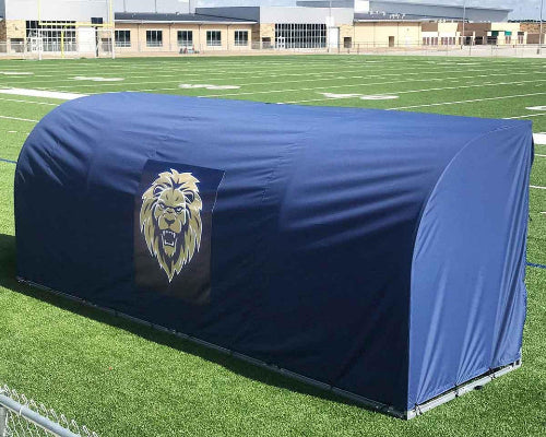 Custom MVP team shelter replacement cover in navy with team logo on outdoor athletic field sideline bench shelter