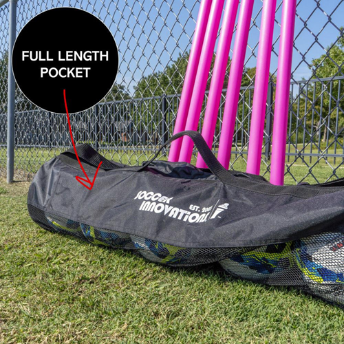 Tube ball bag with pockets holding five size 5 soccer balls