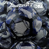 Close-up of blue and white soccer balls visible through black mesh fabric inside a soccer ball storage bag