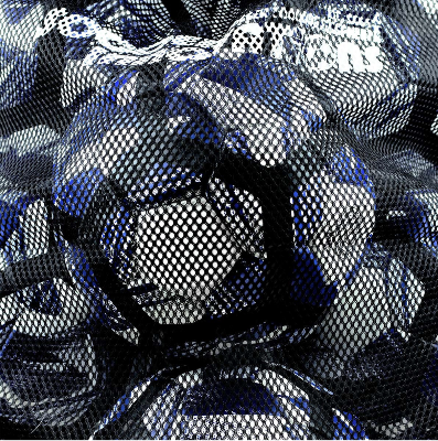 Close-up of blue and white soccer balls visible through black mesh fabric inside a soccer ball storage bag