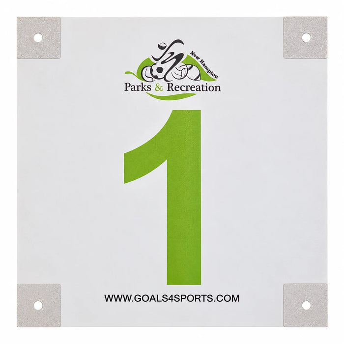 White field marker with a green number 1 and New Hampton Parks and Recreation logo.