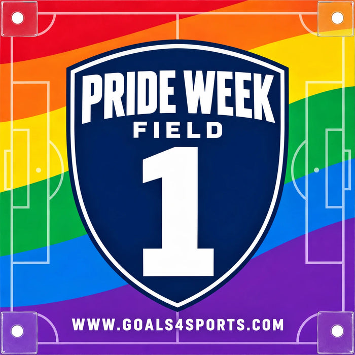 Rainbow Pride Week marker with a navy shield, white number 1, and soccer field graphics.