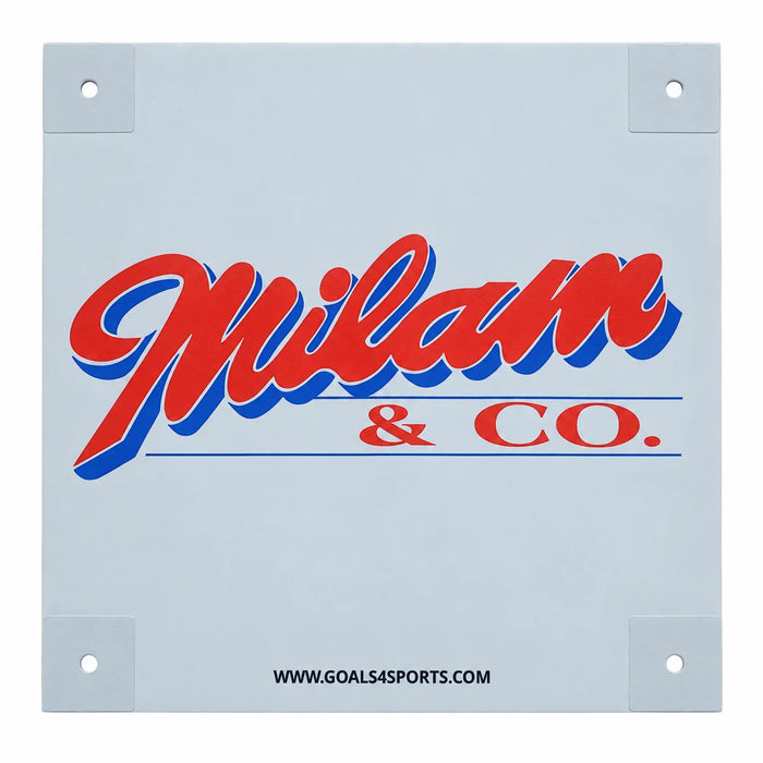 White sponsor ID marker with a red and blue Milam and Co. logo and square corner tabs.