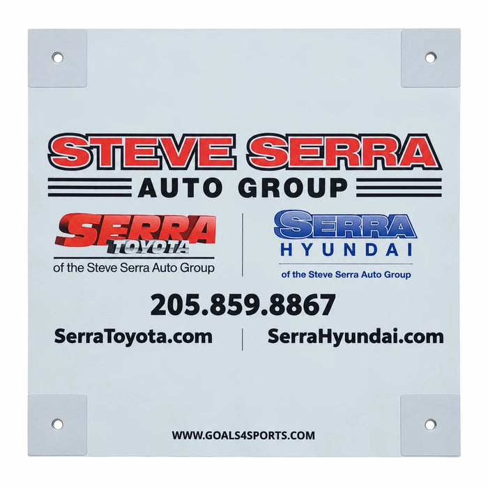 White sponsor marker with Steve Serra Auto Group, Serra Toyota, and Serra Hyundai branding.