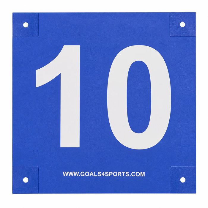 Blue field ID marker with a large white number 10 and square corner tabs.