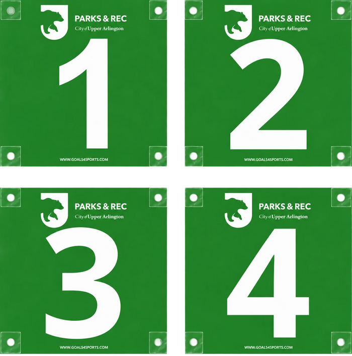 Four green City of Upper Arlington Parks and Rec field markers numbered 1 through 4 with white lettering.