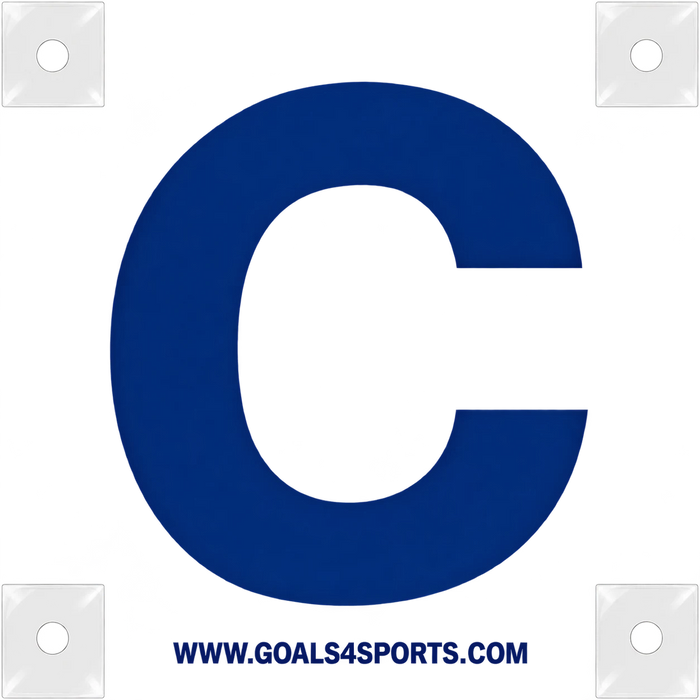 White field ID marker with a large navy capital C and clear square corner tabs.