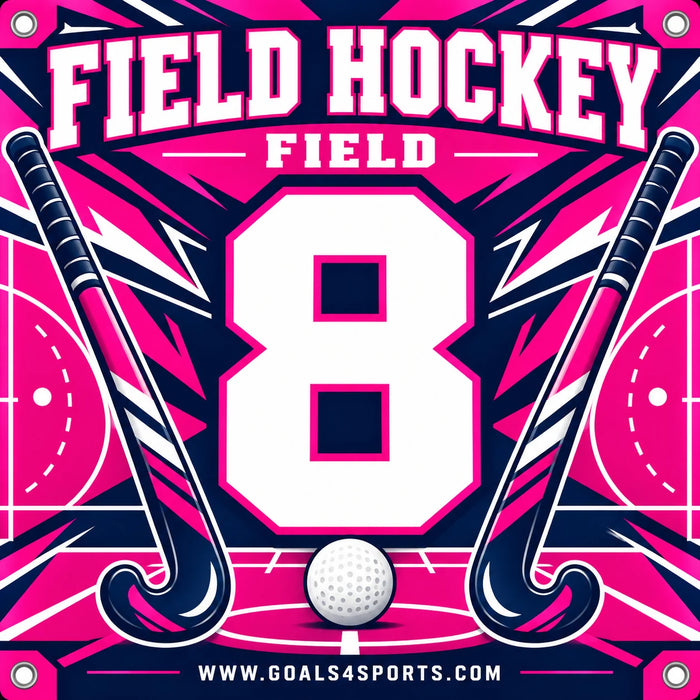 Magenta and navy field hockey marker with white number 8, two hockey sticks, and a ball.