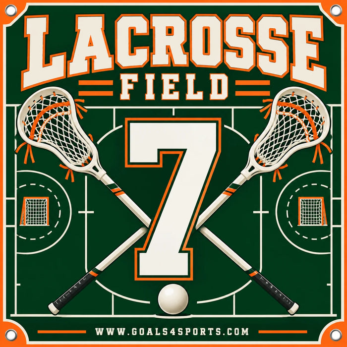 Green and orange lacrosse marker with cream number 7, crossed lacrosse sticks, and a ball.