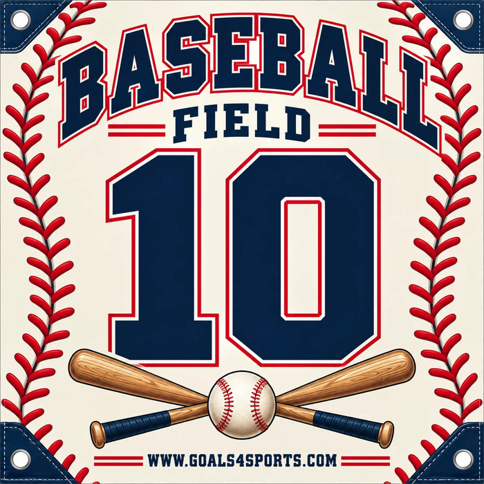 Cream baseball marker with navy number 10, red stitching graphics, crossed wooden bats, and a baseball.