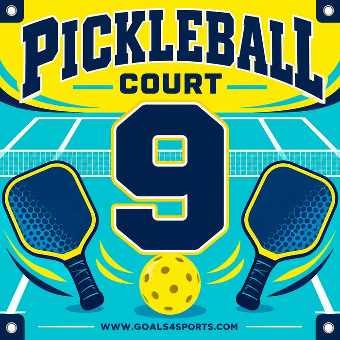 Turquoise and yellow pickleball marker with navy number 9, two paddles, and a yellow ball.