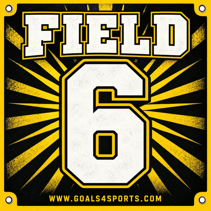 Black and yellow field marker with a large white number 6, sunburst rays, and a yellow border.