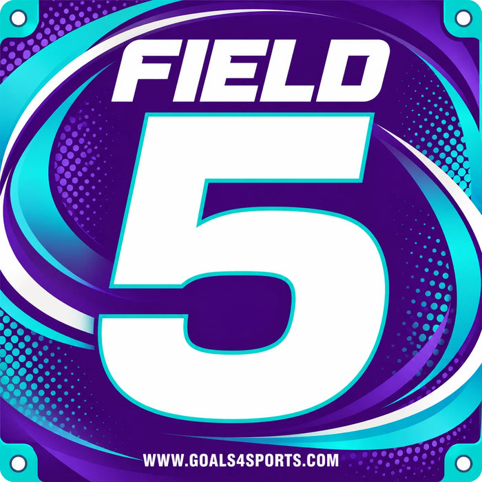 Purple field marker with white number 5, turquoise and white curved accents, and dotted graphics.