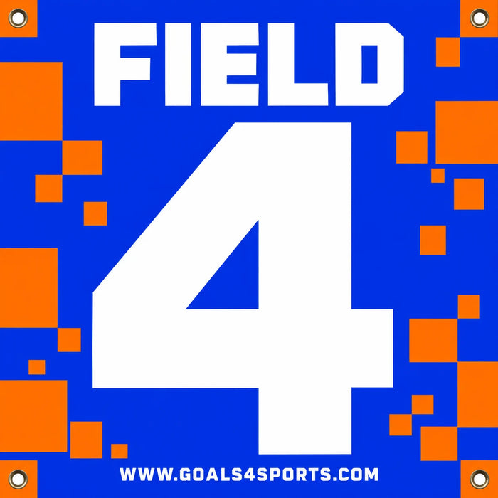 Royal blue field marker with a large white number 4 and orange geometric blocks.
