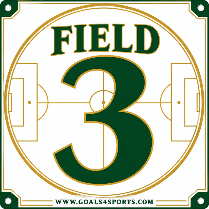 White field marker with green number 3, gold circular borders, and gold soccer field lines.