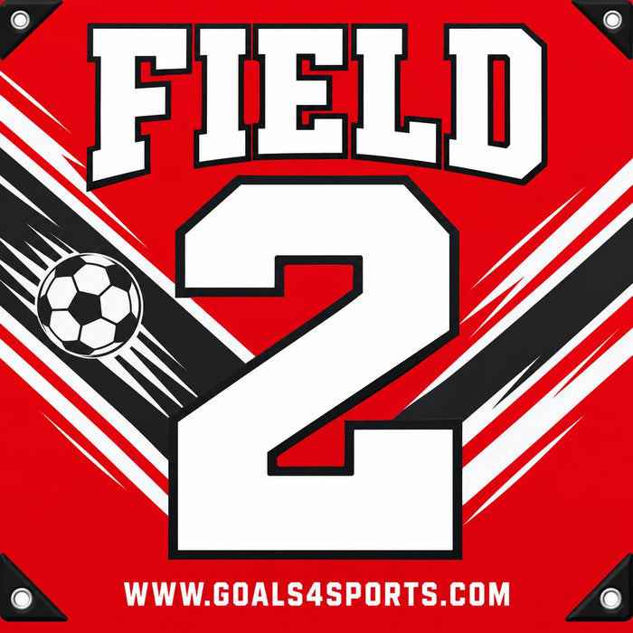 Red soccer marker with white number 2, black and white diagonal stripes, and a soccer ball graphic.