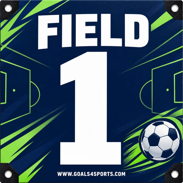 Navy soccer marker with white number 1, lime green accents, field lines, and a soccer ball graphic.