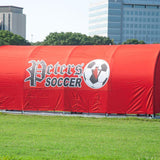 Custom MVP team shelter replacement cover in red with soccer logo on outdoor team bench shelter on athletic field