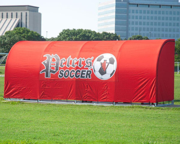 Custom MVP team shelter replacement cover in red with soccer logo on outdoor team bench shelter on athletic field