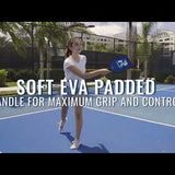 Rhino Pickleball Vapor aluminum paddle commercial featuring blue VAPOR100 paddle on outdoor court with optic yellow pickleball, indoor outdoor performance design