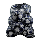 Black mesh soccer ball bag filled with multiple blue and white soccer balls on a light gray background