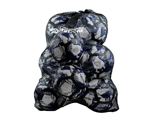 Black mesh soccer ball bag filled with multiple blue and white soccer balls on a light gray background