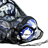 Black mesh soccer ball bag lying on its side with a blue and white soccer ball partially visible on a light gray background