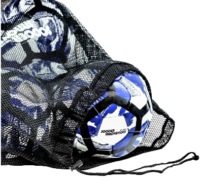 Black mesh soccer ball bag lying on its side with a blue and white soccer ball partially visible on a light gray background