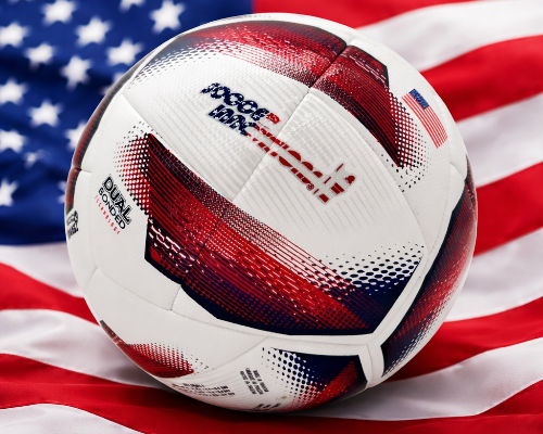 Spark Soccer Ball 2026 USA edition size 5 on American flag background in red white and blue